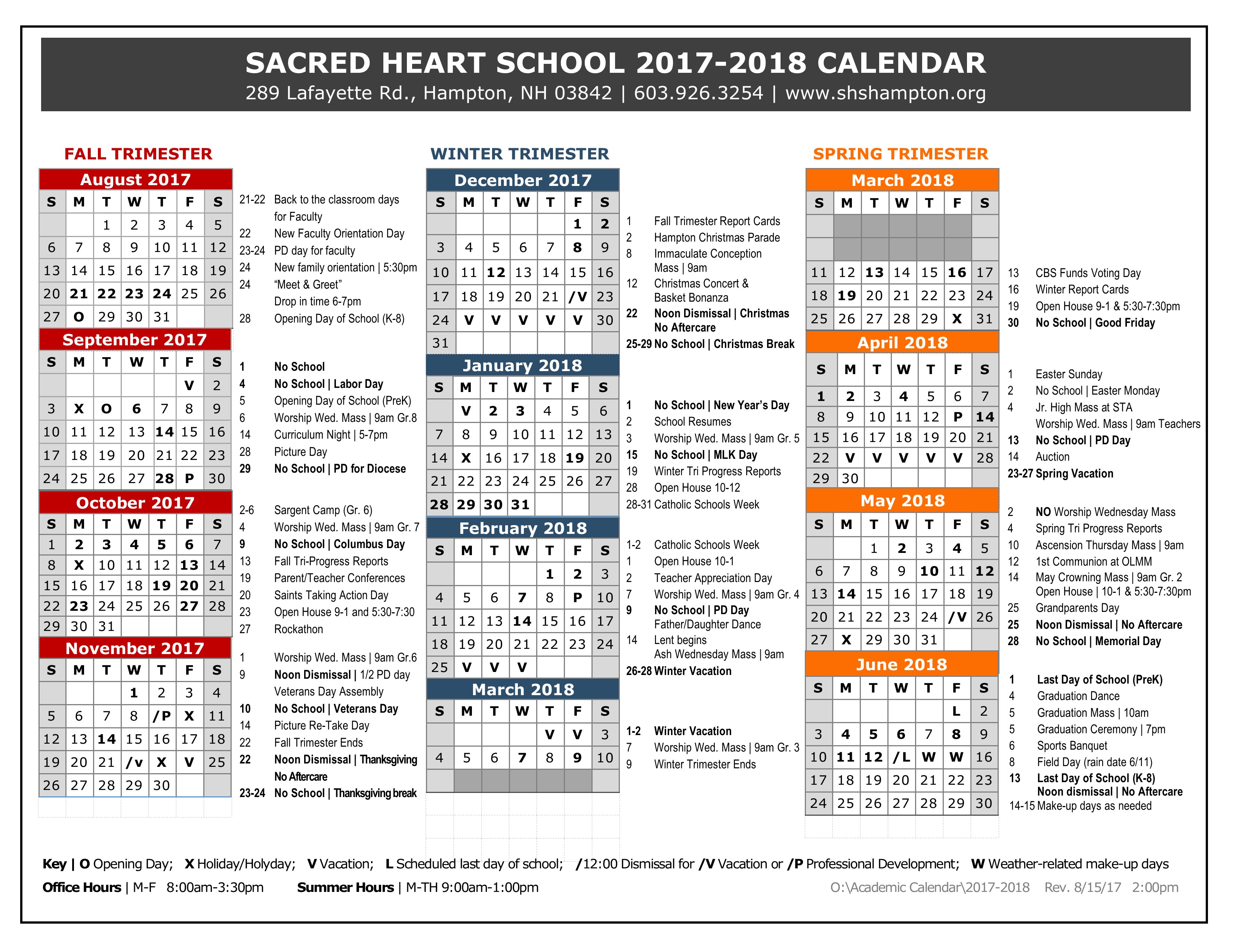 School Calendar Sacred Heart School
